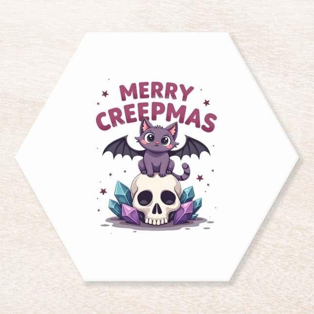 Merry Creepmas Cat Pastel Goth Christmas Skull T-S Paper Coaster (Front)
