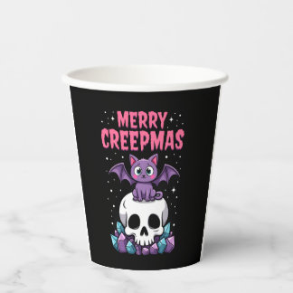 Merry Creepmas Cat Pastel Goth Christmas Skull T-S Paper Cups