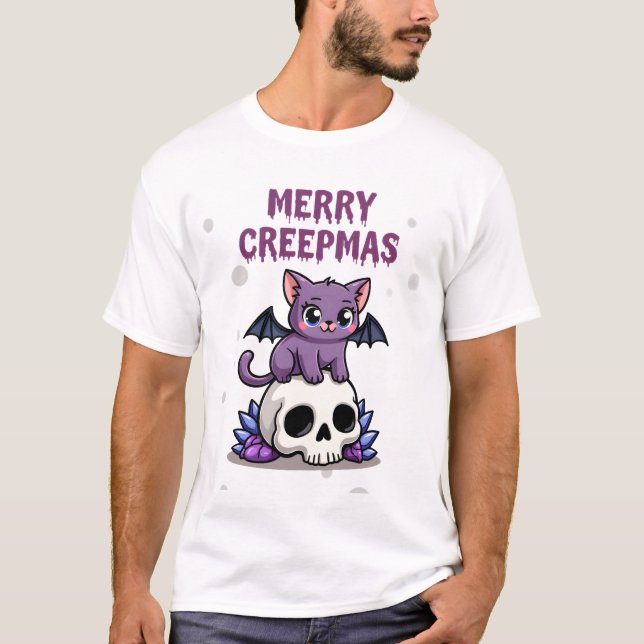 Merry Creepmas Cat Pastel Goth Christmas Skull T-S T-Shirt (Front)