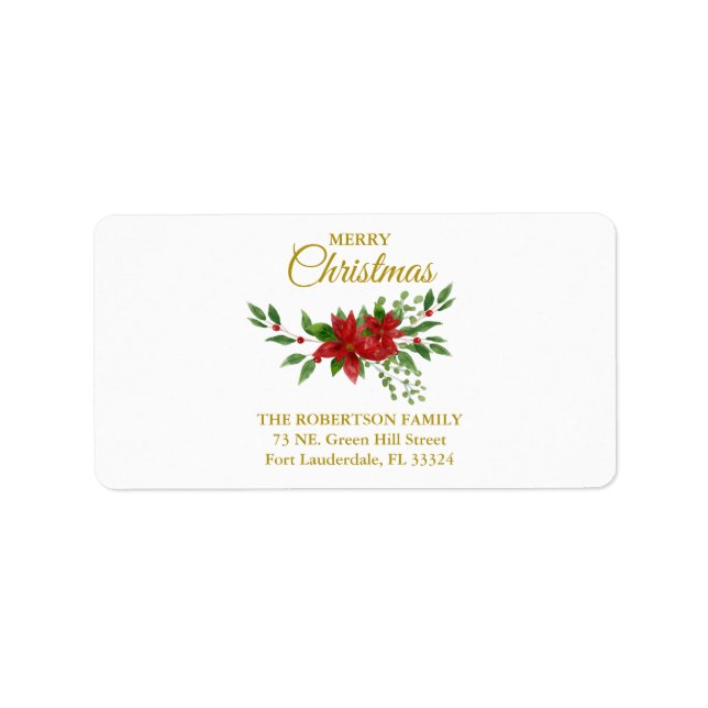 Merry Cristmas Quote with Poinsettias Label (Front)