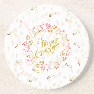 Merry Cristmas Wreath in Gold and Red Coaster