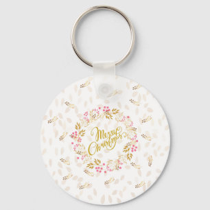 Merry Cristmas Wreath in Gold and Red Key Ring