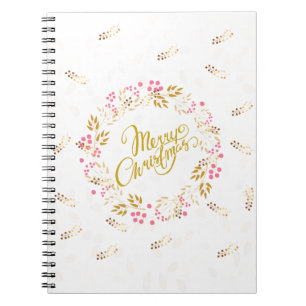 Merry Cristmas Wreath in Gold and Red Notebook