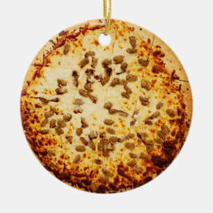 Merry Crustmas Funny Cheese and Sausage Pizza Ceramic Tree Decoration