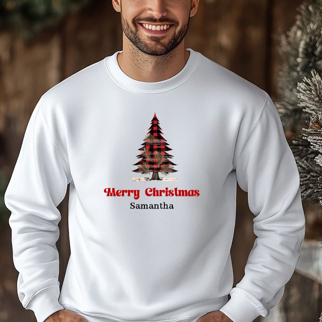 Merry Custom Name Buffalo Plaid Tree Holiday  Hoodie (Merry Custom Name Buffalo Plaid Tree Holiday Hoodie)