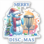 Merry Disc-mas | Disc Golf Personalised Christmas<br><div class="desc">Personalised disc golf themed Christmas sticker. Cute watercolor cartoon snowman in Santa hat next to a disc golf basket in the snow next to a Christmas tree.</div>