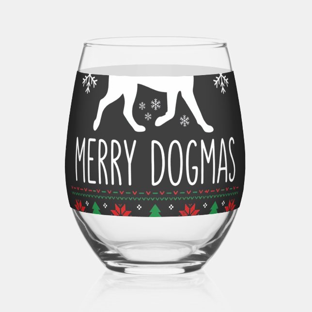 Merry Dogmas Christmas Dog Vector Stemless Wine Glass (Front)