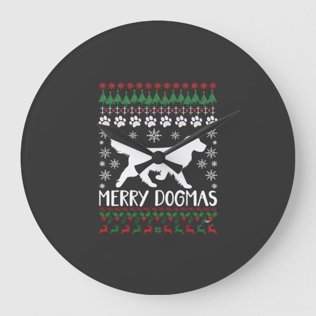 Merry Dogmas Dog Snowflake Ugly Christmas Sweater Large Clock (Front)