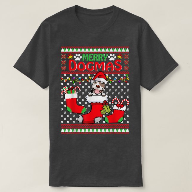 Merry Dogmas Pit Bull Dog Funny Ugly Christmas Xma T-Shirt (Design Front)