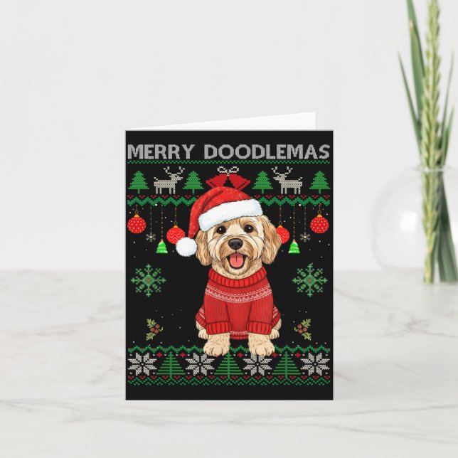 Merry Doodlemas Goldendoodle Wearing Ugly Christma Card (Front)
