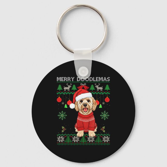 Merry Doodlemas Goldendoodle Wearing Ugly Christma Key Ring (Front)