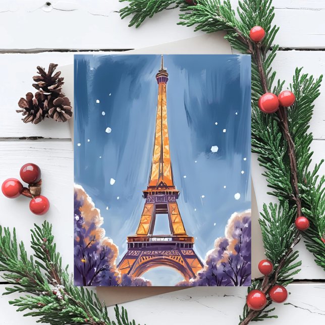 Merry Eiffel Tower | Paris Christmas Watercolor Holiday Postcard (Creator Uploaded)