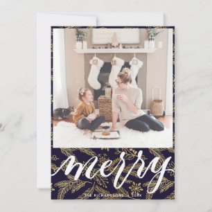 MERRY   Elegant Typography Gold Boughs Pattern Holiday Card