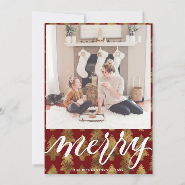 MERRY | Elegant Typography Gold Christmas Tree Holiday Card (Front)