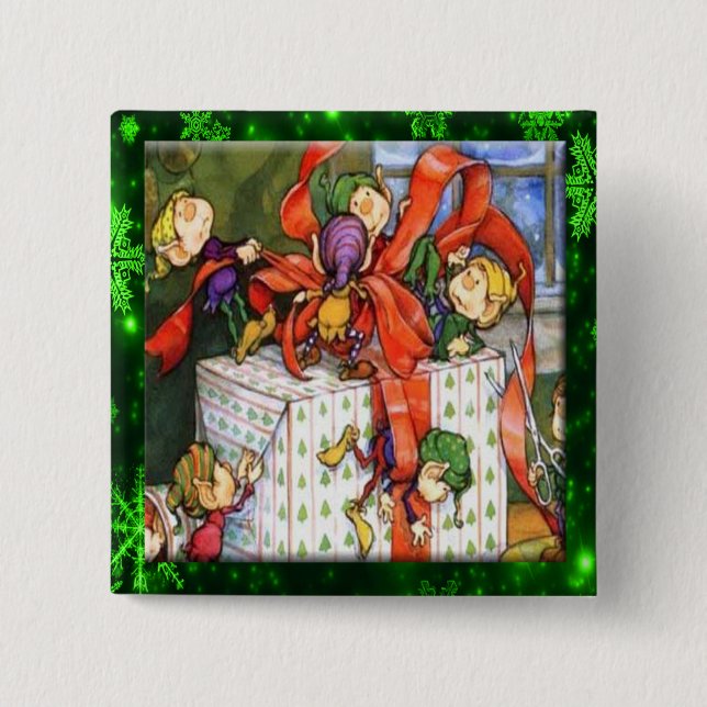 Merry Elves Wrapping Present Button (Front)