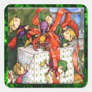 Merry Elves Wrapping Present Square Stickers