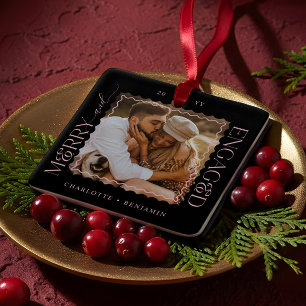 Merry & Engaged Modern Minimal Wavy Photo Keepsake Ceramic Ornament