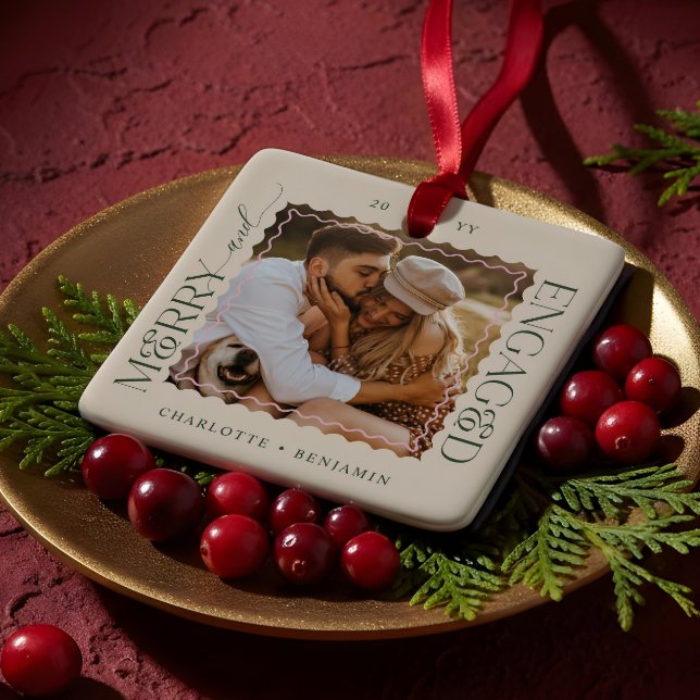 Merry & Engaged Modern Minimal Wavy Photo Keepsake Ceramic Ornament (Merry & Engaged Modern Minimal Wavy Photo Keepsake Ceramic Ornament)