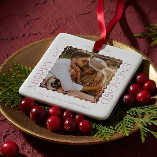 Merry & Engaged Modern Minimal Wavy Photo Keepsake Ceramic Ornament