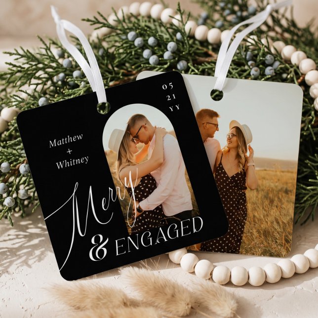 Merry & Engaged Script Modern Engagement Photo Metal Tree Decoration (Merry & Engaged Script Modern Engagement Photo Metal Ornament)