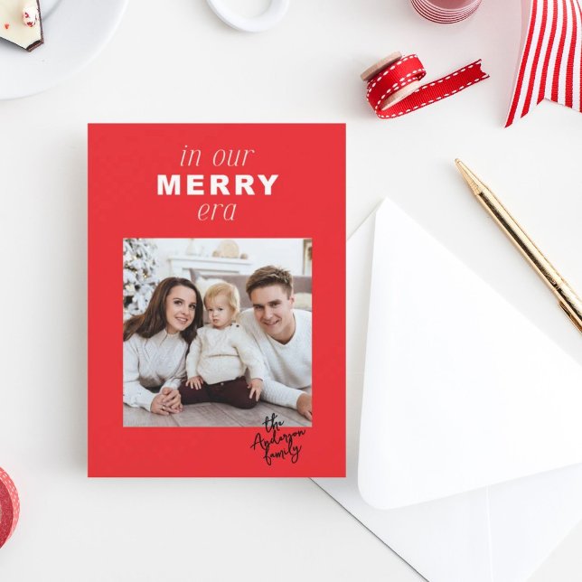 Merry Era Bright Funny One Photo Red Christmas Holiday Card (Creator Uploaded)