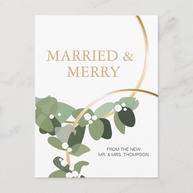 Merry Eucalyptus Wreath Newlywed Christmas thanks Postcard (Front)