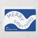 Merry Everything Blue Typography Abstract Curves Holiday Card<br><div class="desc">Wish friends and family a "Merry Everything" this holiday season with a fun modern card featuring the words in a blue curved typography design on an abstract white curve surrounded by blue. Your name appears below the curve in the lower left in a white script font. Replace the sample text...</div>