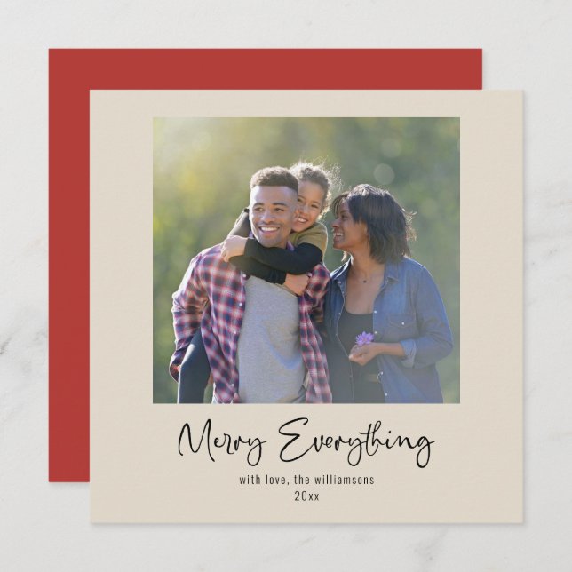 Merry Everything Calligraphy Custom Photo Red Holiday Card (Front/Back)