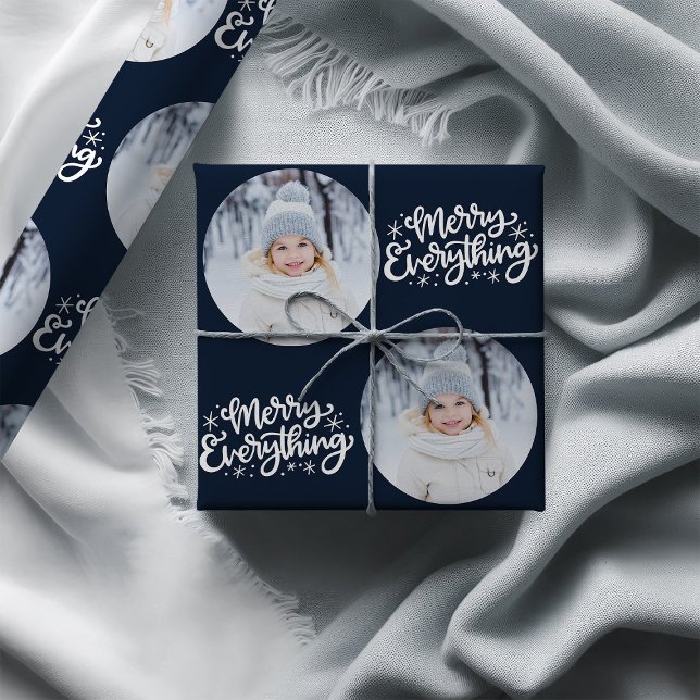 Merry Everything Calligraphy Round Photo Blue Wrapping Paper (Photo Wrapping Paper - Merry Everything)