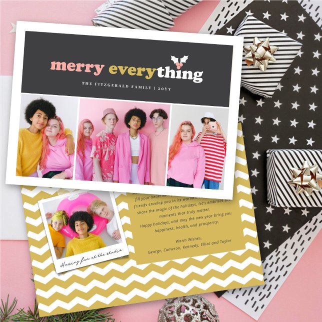 Merry Everything Colour Blocks Mistletoes 3 Photo Holiday Card (Creator Uploaded)