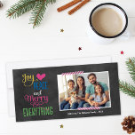 Merry Everything Colourful Black Chalkboard Holiday Card<br><div class="desc">Simple and stylish Christmas photo card greeting features the phrase "Joy, Love, Peace and Merry Everything" in bold colours and modern handwritten type on a black chalkboard style background. Pink and white striped washi tape accents. Personalise with your photo (landscape format) and custom text. Charcoal grey / soft black background...</div>