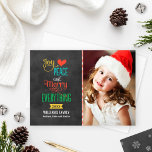 Merry Everything Colourful Black Chalkboard Photo Holiday Card<br><div class="desc">Simple and stylish Christmas photo card greeting features the phrase "Joy, Love, Peace and Merry Everything" in bold colours and modern type on a black chalkboard style background. White snowflakes dress up the back side of the card. Personalise with your photo (portrait format) and with custom text. Charcoal grey /...</div>