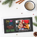 Merry Everything Colourful Black Chalkboard Photo Holiday Card<br><div class="desc">Simple and stylish Christmas photo card greeting features the phrase "Joy, Love, Peace and Merry Everything" in bold colours and modern handwritten type on a black chalkboard style background. Pink and white striped washi tape accents. Personalise with your photo (landscape format) and custom text. Charcoal grey / soft black background...</div>
