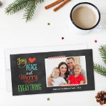 Merry Everything Colourful Black Chalkboard Photo Holiday Card<br><div class="desc">Simple and stylish Christmas photo card greeting features the phrase "Joy, Love, Peace and Merry Everything" in bold colours and modern handwritten type on a black chalkboard style background. Red and white striped washi tape accents. Personalise with your photo (landscape format) and custom text. Charcoal grey / soft black background...</div>