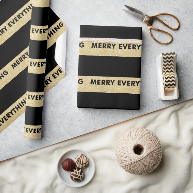 Merry Everything Faux Gold Glitter Stripes Holiday Wrapping Paper (Crafts)