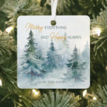 Merry Everything Happy Always Winter Trees Metal Tree Decoration<br><div class="desc">Watercolor winter trees in shades of green paired with script and modern typography metal ornament.</div>