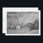 Merry Everything Holiday Photo Green Christmas<br><div class="desc">Personalised Christmas cards for family featuring the words "merry everything", on cute and delicate handwritten like white typeface, and a simple white border framing a black and white photo template of a sleeping baby. The back of these cute Christmas flat photo cards feature a fun pattern, with green and white...</div>