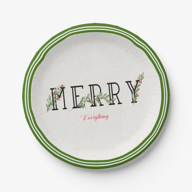 Merry Everything Holly And Berries Green Edge Paper Plate (Front)