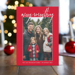 Merry Everything Modern Christmas 1 Photo Red Holiday Card<br><div class="desc">Use a vertical photo with the subject on the bottom. Make a unique and trendy Merry Christmas greeting with a bright and joyful mid century modern stripe pattern on the back. If you need to move anything around,  click on the customize button to make changes.</div>