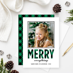 Merry Everything Modern Green Buffalo Plaid Photo Holiday Card