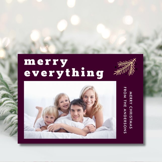 Merry Everything Modern Rich Plum Photo Holiday Card (Creator Uploaded)