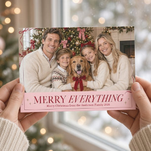 Merry Everything Pink Burgundy Bow Christmas Phot Holiday Card