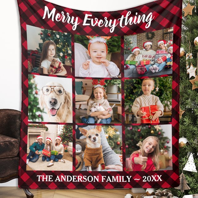 Merry Everything Red Buffalo Plaid 9 Photo Collage Fleece Blanket (Creator Uploaded)