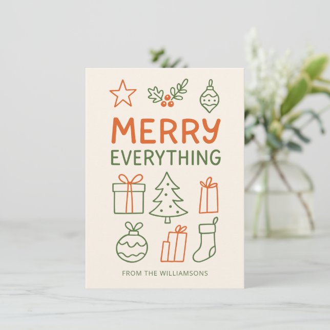 Merry Everything Red Green Doodle Sketch Add Name Holiday Card (Standing Front)