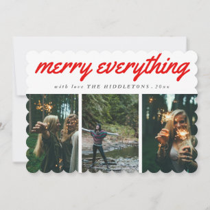 Merry Everything Red Script Three Photo Holiday Card
