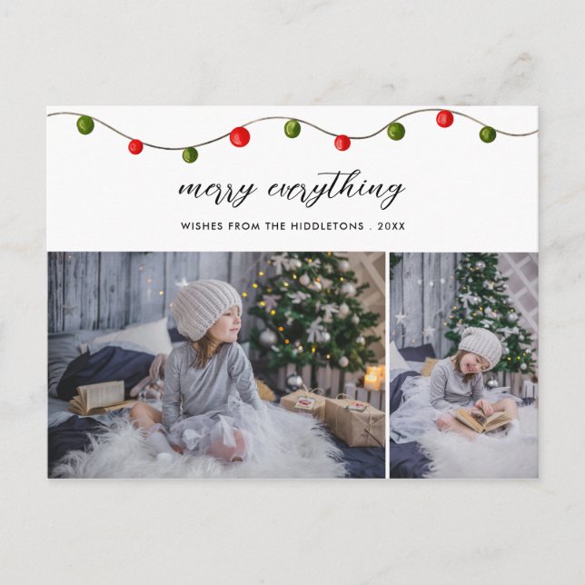Merry Everything Script Photo Holiday Lights Postcard (Front)