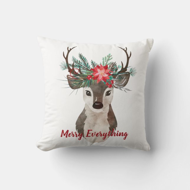 Merry Everything Watercolor Deer Antler Bouquet Cushion (Front)