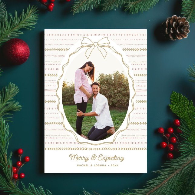 Merry & Expecting Cute Bow, 2 Photos Christmas  Holiday Card (Creator Uploaded)