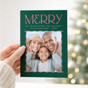 MERRY FAMILY PHOTO fun modern wavy border green Holiday Card