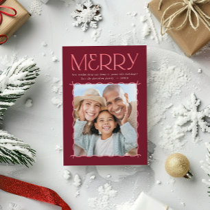 MERRY FAMILY PHOTO modern wavy border plum pink Holiday Card